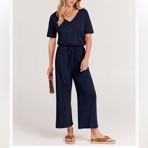 ANRABESS Minimalist Athleisure Lounge V-Neck Navy Crop Leg Short SLV Jumpsuit M
